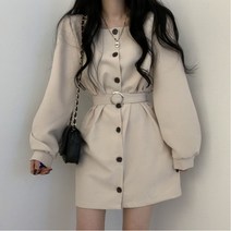 [예쁨시전] 여성 긴팔 슬림 스퀘어넥 벨트원피스