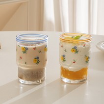 아기자기 레트로 플라워 유리컵, 블루