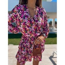 캉캉 미니 원피스 스커트 긴팔 드레스 여성 꽃 프린트 보헤미아 브이넥 프릴 로브 캐주얼