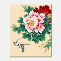 모모픽스페인팅 DIY명화그리기 목단꽃과 새 모란꽃 복을부르는 꽃그림 40 x 50 cm