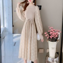 잇츠스타일 여성 허리 리본 반니트 펀칭 레이스 미디원피스