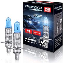 2x H1 12V 55W 다이아몬드 비전 크세논 모양 효과 할로겐 자동차 램프 전구 광학 슈퍼 울트라 화이트 8500k 로우 빔 하이 빔 안개등 콜드 화이트 화이트 라이트 화이트 듀오 박스 P14.5S-37702, H7 - 2팩 - 8500K