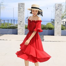 탑트레일/여자 여름 휴양지룩 바캉스룩 레드 프릴 레이스 언벨런스 오프숄더 비치 원피스, 블랙