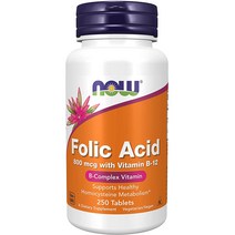 나우푸드 Now FoodsFolic Acid with Vitamin B 12 비타민 B-12 함유 엽산 800 mcg 타블렛 250개입, 3개