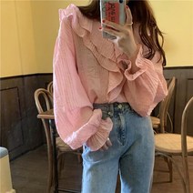 SJW 봄가을 프릴 블라우스 브이넥 무지 퍼프 긴팔 루즈핏 셔츠 남방 빅사이즈 여성상의