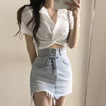 [발리걸] 여성 크롭 꼬임 반팔 쉬폰 남방 셔츠 블라우스