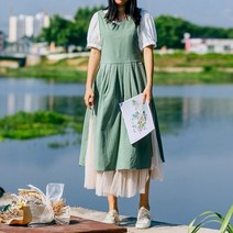 앨리스 브이넥 리넨 원피스 앞치마, 그린, 1개