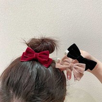 벨벳 리본 머리끈 포니테일 헤어 고무줄 왕진주 포인트 올림머리 반묶음 똥머리 고무줄