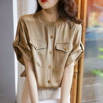 아임럭시 치크 단작 라운드넥 롤업 슬리브 포켓 실켓 블라우스