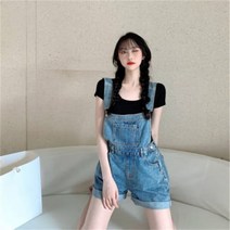 멜빵바지 치마바지 여성점프수트 멜빵반바지 키 청바지 여성 카고 하이웨이스트 와이드 반바지 여름 얇은 일자 롤업 팬츠 2112#블루 S