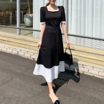 퍼니걸스 퍼프 플레어 스트랩 배색 롱 원피스 6030