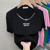 유럽 ​​알파벳 인쇄 틈새 체인 짧은 Top Girl 202 Summer New Korean 버전 Western Vibrant Shirt