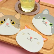 실리콘 컵받침 4p 고양이 캐릭터 티코스터, 컵받침 블루 야옹이 4p