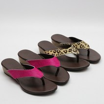 송치 소가죽 핫핑크 레오파드 호피 웨지굽 쪼리 슬리퍼 3cm