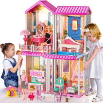 TEMI Dreamhouse Doll House Girls Toy for 4-5 Year Old - 2-Story 4 Rooms Dollhouse with 12-inch Large Doll Doll House 7-8 Furniture & Accessories with, 상세참조