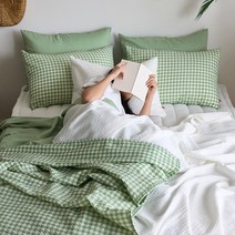 자연을 담은 바람 솔솔 뱀부 시어서커 2겹 여름이불, Q 세트, 그린체크