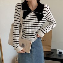 [이꾸띠] 모언트리 봄 가을 2040 여성 신상품 많은 곳 리본 카라 스트라이프 귀여운 스타일 면 혼방 2컬러 니트 블라우스