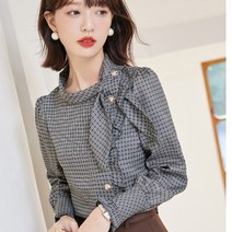여자 체크셔츠 편안한 데일리룩 이쁜 공대 개발자 OOTD 하이 엔드 격자 무늬 셔츠 여성 가을 ​​2023 새로운 디자인 틈새 퍼프 슬리브 가을 여성용 긴팔 탑