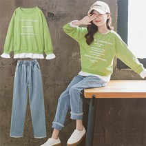 소소키즈 여아 그린 맨투맨 +청바지 상하세트 아동 키즈 주니어 상의 팬츠 외출복(130-160)