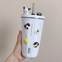 tyeso Taishuo 커피 컵 보온병 빨대 대용량 고 가치 소녀 물 간단한 얼음 폭탄, TS-8848-흰색 600ml 포차코+스티커