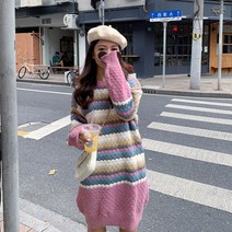 박시니트원피스 빅사이즈 여성의류 겨울 가을 하프기장 코트 와이드 루즈핏 털실 인싸템 무지개 색상 슬림핏 2451107561