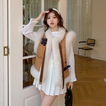 밍크 퍼 베스트 털 모피 여성 겨울 꽃 장식 모조 여우 모피 민소매 자켓 양복 조끼