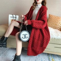 꽃소담 여성 가을겨울 오버핏 꽈배기 하프롱 니트 가디건 QQA2601