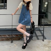 DFMEI.봄여름 스커트--Stunning dress.빈티지 민소매 데님 나시 스커트 여 슬림 A라인 버튼 스커트