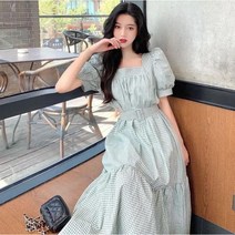 Momolatti 여성용 체크 요대 반팔 퍼프 소매 롱원피스