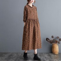 가을 원피스 빈티지 긴 소매 코튼 린넨 루즈핏 잔꽃무늬 홈드레스 면 롱원피스