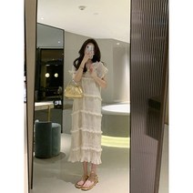 여름 여자 레이스 쉬폰 캉캉 롱원피스 프릴주름 공주 드레스 a3