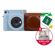 인스탁스 스퀘어SQ1 카메라+가죽케이스+필름20장/틴케이스+인꾸스티커/폴라로이드카메라, 글래셔블루, 브라운