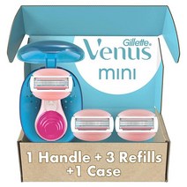 Gillette Venus 여성용 미니 컴포트글라이드 화이트 티 면도기 미니 핸들 1개 면도날 리필 3개 여행용 케이스 1개 포함, 미니 핸들 + 리필 3개