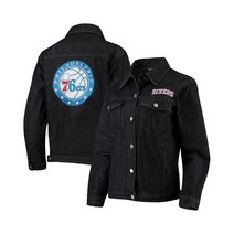 더 와일드 콜렉티브 여성 블랙 필라델피아 76ers 패치 데님 버튼업 자켓, Black, M