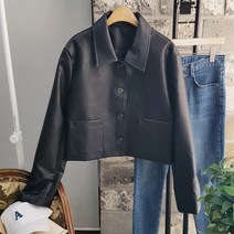 상상그이상 여성용 퍼스널 라이더 카라넥 크롭기장 다리가 길어보이는 키작녀 숏코디 레더자켓 빅포켓 심플한 바이크 가죽자켓 간절기 데일리룩