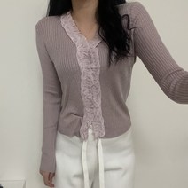 VANANA2 여성 레이스 소재 셔링 포인트 배색 니트 가디건