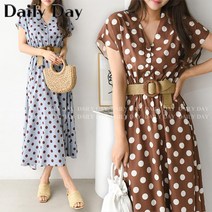 여성 브이넥 도트 벨트 여름 레트로 복고풍 원피스