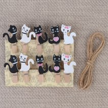 고양이 10P 디자인 나무집게 사진걸이집게 마끈 세트 사진장식집게 나무집게 사진집게