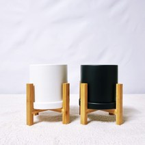 꽃피우는청년 소형 무광 원형 세라믹 화분 2p + 우드스탠드 2P 세트 (11x11cm), 화이트+블랙+우드스탠드x2