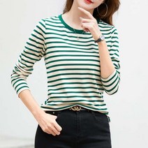 데일로엔 여성용 라운드넥 스트라이프 브랜드 긴팔 티셔츠