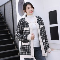 바로바이 여성 봄가을 루즈핏 니트가디건 빈티지 체크코트