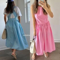 바스락 컬러 백리스 크로스 코튼 나시 플레어 롱 원피스
