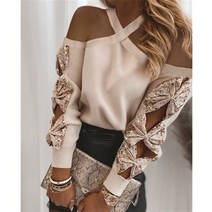 반집업 니트 노르딕 오프숄더 여성 봄 가을 패션 캐주얼 크루 넥 스웨터 스팽글 bowknot 컷 아웃 긴 소매 느슨한 풀오버 튜닉 카키 그레이
