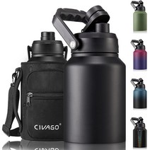 CIVAGO 1.9L(0.5갤런) 단열 물병 저그 1.9L(64온스) 스테인리스 스틸 스포츠 워터 플라스크 대형 금속 물통 그라울러 캐리어 백 및 핸들 포함 블랙, Black_128 oz