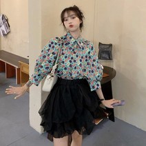 퐁순싸롱 꽃 플라워 퍼프 카라 셔츠 빈티지 칠부 블라우스 YJ