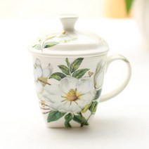 플라워 사각 본차이나 도자기 손잡이 머그 컵 세라믹 꽃무늬 모닝 아침식사 커피잔, 화이트 플라워 목면화