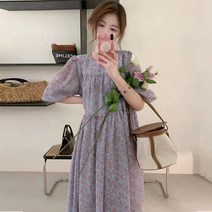 쉬폰 원피스 여름 소프트 라운드 넥 꽃 주름 팔 쉬폰 드레스 여성 여성스러운