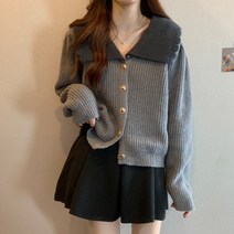 넷투넷코리아 여성 브이넥 배색 카라 루즈 퍼프 니트 가디건 티셔츠