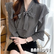 [바니드] 여성 럭셔리 하운드체크 리본플라우스 프릴 루즈핏 셔츠 0054