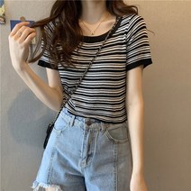 여성 반팔 라운드 크롭 니트티 스트라이프 아이스 실크 니트 스웨터 티셔츠 여성용 b